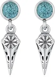 [YueYuan] Raven Earrings 925 Sterling Silver Turquoise Viking Earrings Viking Runes Jewelry Gifts for Men Birthday Father's Day, 1.12 in x 0.31 in/28.5 mm x 8 mm, Sterling Silver, No Gemstone