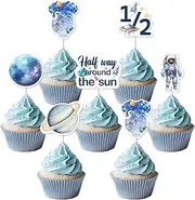 Funmemoir 24pcs Half Birthday Cupcake Toppers Space Theme, Half Way Around The Sun Cake Decoration Double Sided Cupcake Toppers for 6 Month Baby Boy 1/2 Birthday Decorations