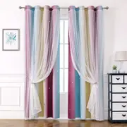 2 Panels Curtains for Kids Girls Bedroom Aesthetic Living Room Decor Colorful Double Layer, Star Cut Out Stripe Rainbow Window ,Purple/Blue