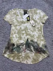 Buffalo David Bitton Top Women Small Olive Tie Dye Floral Cap Sleeve Shirt NWT
