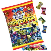 TNT Sour Chews Lollies Candy Liquid Filled Assorted Flavours 1kg Bag Pack