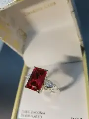 Charter Club Emerald Cut Ruby Red Crystal Silver Plated CZ Ring 9 New in Box!