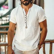 Men's Shirt Linen Shirt Summer Shirt Beach Shirt Solid Color Vacation Curise Black White Short Sleeve Round Neck Summer Spring Clothing Apparel