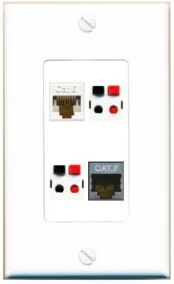 [4 Ports] CAT6 CAT7 2 SPEAKER Wall Plate DecorZ White