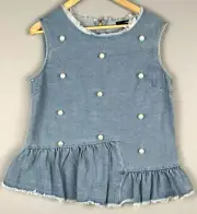 AQUA blue denim sleeveless ruffle pearl top Size Large