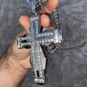Men Huge Double Cross Pendant Jesus Necklace Silver Tone Hip Hop Cuban Chain 30"