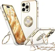 [XYZ] for iPhone 15 Pro Max Case with Ring, Double Ring Holder Stand Case Heart with Strap for Girls Women, Luxury Cute Bling Protective Phone Cover Case for iPhone 15 Pro Max, White