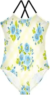 [RPLIFE] Girls Swimming Suits Beach Bathing Suit 3-10 Y with Adjustable Shoulder Strap, Light Blue Flowers Green