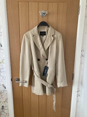 BNWT Massimo Dutti Beige Double-Breasted Cupro Blazer with Belt Size 12/40