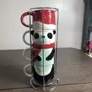 Holiday Time Christmas Panda Bear Theme Stackable Cups Mugs Wire Rack - NEW