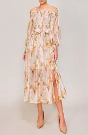 MELLODAY Smocked Bodice Long Sleeve Organza Midi Sundress in Blush Floral at Nordstrom, Size X-Small