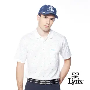【Lynx Golf】男款雙絲光純棉羅紋領條紋滿版小山貓印花胸袋款短袖POLO衫/高爾夫球衫-白色