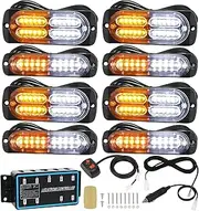 Miners2000 8Pcs Ultra Slim Car Truck Emergency Hazard Warning Strobe Light, Surface Mount with Strobe Controller and Wiring Harness,Amber & White