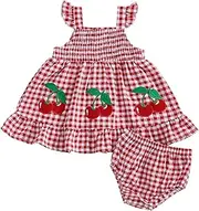 [Sasaerucure] Summer Outfit Clothes Baby Girl Plaid Cherry Sleeveless Tunic T-Shirt Top and Shorts Bloomers Set