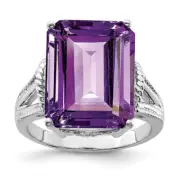 Sterling Silver Rhodium-plated Checker-Cut Amethyst Ring Size 10