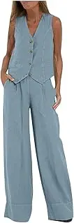 [HGps8w] Womens 2 Piece Outfits Cotton Linen Business Casual Sets V Neck Button Front Tank Tops Vest Pants Suits with Pockets