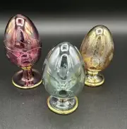 Royal Limited Crystal Etched Eggs (3) Green, Gold, Purple Egypt Handcrafted