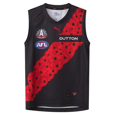 Essendon Bombers 2025 AFL PUMA ANZAC Mens Guernsey | Black/Red by Sporting House