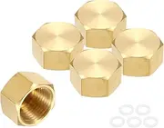 uxcell 5Pcs Brass Hex Head Plug Compression Cap Fitting Stop Valve Cap,1/2" Hex Thread Pipe Fitting Flare Cap Tubing Ends Sealing Cap with Gasket for Air Conditioner, Water, Gold