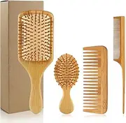 4PCS Hairbrush and Comb Set Wooden Bamboo Hairbrush With Paddle Type Cleaning Brush Natural Hairbrush Eco-Friendly Bristles Free,Suitable For Women, Men Thick/Thin/Curly/Dry Hair Gift Set