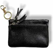 [Yurtziru] 1Pcs Women's Genuine Leather Zipper Coin Purse Mini Genuine Leather Coin Purse With Keychain Zipper Small Wallet Women's Coin Purse Pouch for Keys & Cash Card, Black, Retro