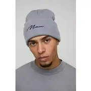 Mens Grey Flat Knit Man Script Micro Beanie