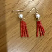 Pearl And Red Coral Tassel Earrings 14kGold-filled Wires Handmade