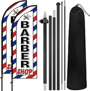 VitalCozy 2 Set Barber Flag Barbershop Themed Swooper Flag Banner with Pole Kit Open Feather Barber Sign for Salon Business Advertising Outdoor Outside(7 ft)