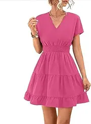 [Generic] Women's V-Neck Tiered Mini Dress Smocked Waist Summer Midi Dress Casual Short Sleeve Flowy A Line Tiered Dresses