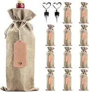 LZYMSZ Jute Burlap Wine Bags, 12pcs Wine Bottle Gift Bags Drawstring Wine Bottle Covers with Tags, Ropes and Stoppers, Christmas Bottle Bags Reusable Wine Bottle Covers for Wedding, Birthday, Party W