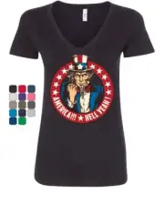 America Hell Yeah Women's V-Neck T-Shirt Uncle Sam Patriotic Stars and Stripes