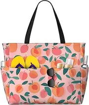 [Ghjkfbf] Pink Peach Pattern Seamless Pattern Print Large Capacity Beach Travel Bag For Family, Beach Tote Bag For Women With Zipper Pockets, Black, One Size