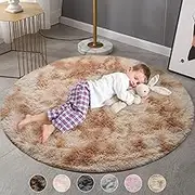 Area Rug Indoor Modern Shag Shaggy Silky Smooth Rugs, Anti-Skid Fluffy Soft Round Carpet Rug, Large Plush Carpets Living Room Dining Room Bedroom Floor Mat (Khaki, 120x120cm(Round))
