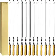 Antallcky 12 Pack Kebab Skewers 22 Inch BBQ Barbecue Skewers Stainless Steel Sticks Heavy Duty Large Wide Reusable with Nonslip Wooden Handle Ideal for Shish Kabob Chicken Shrimp and Vegetables