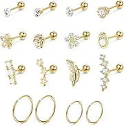 [Jstyle] 16Pcs 16G Cartilage Earrings Studs for Women Surgical Stainless Steel Helix Tragus Couch Hoop Piercing Earrings Set Opal Shiny CZ Cartilage Earrings Silver/Gold/Rose Gold Tone