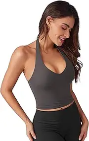 [VOYJOY] Women Halter Crop Top Padded V Neck Backless Sleeveless Workout Halter Tank Tops Going Out Yoga Gym Clothes