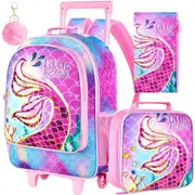 3 Piece Girls Rolling Backpack Set With Lunch Bag Mermaid