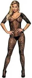 [Yummy Bee] Crotchless Bodystocking - Sheer Black Lace Floral Long Sleeve Body Stocking - Plus Size Bodystocking 8-22