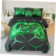 Boys Games Geometric Bedding Set Full Size 6 Pcs Black Green Gamepad Bed in A