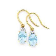9ct Gold Sky Blue Topaz & Diamond Oval Cut Chequered Hook Earrings in Blue