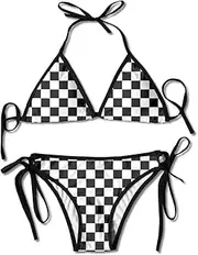 [TZT] Checkered Flag Sexy Boxing Bikini Women Halterneck Top and Set Swimsuits Beach Swimming