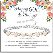 [DOA] 30th 40th 50th 60th Womens Birthday Gifts, Adjustable Silver Bead Bracelet with Rose Gold Heart with Card for Mum Sister Daughter Grandma