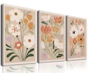 Framed Canvas Wall Art Set of 3, Minimalist 12x16inchx3pcs-framed beige flower
