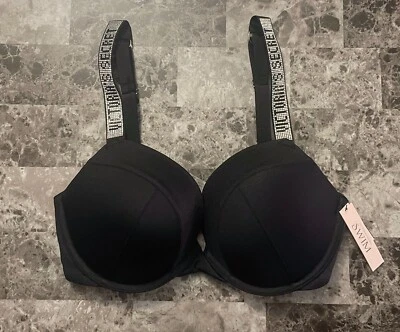 NWT VICTORIA'S SECRET 38DD BLACK RHINESTONE SHINE STRAP PUSH UP BIKINI TOP SWIM
