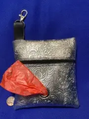 NEW Dog POO Bag Holder dispenser Silver tooled faux leather zip Free ship