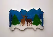 Deer and Trees on Snowy Evening Geode Shaped Tray with Handles Handmade NEW