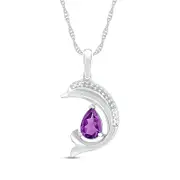 Pear-Shaped Amethyst and Natural Diamond Accent Beaded Dolphin Pendant in Sterling Silver