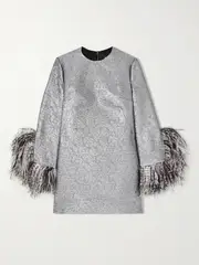 [Dolce & Gabbana] Dolce & Gabbana - Feather-trimmed Metallic Jacquard Mini Dress - Silver - IT38 IT 38 Silver