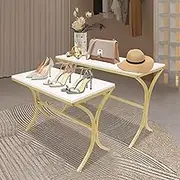 HOLMZCED Wood Nesting Tables Set of 2, Floor Handbag Display Tables Standing Retail Display Stand Modern Display Riser Shelves White Gold for Shoes Clothes Handbag Jewelry
