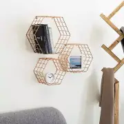 Modern Hexagonal Design Copper-Tone Wire Wall-Mounted Hanging Shelves, Set of 3